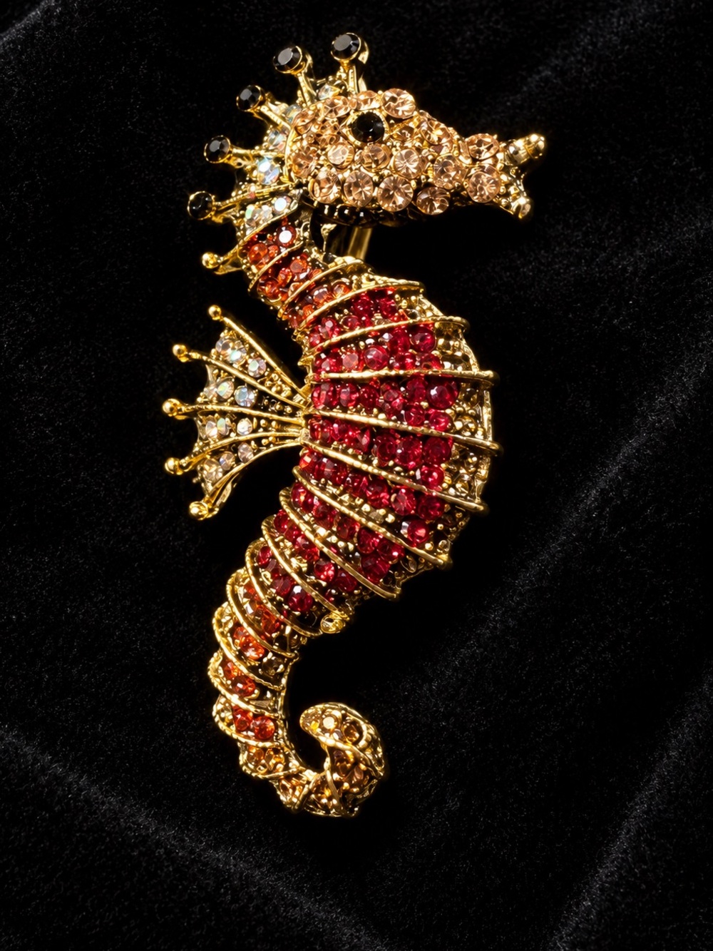 Gold Sea Horse Brooch or Pendant with Colorful Stones